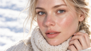 Primo piano di una donna bionda con sciarpa di lana e pelle luminosa sotto la luce invernale, sfondo di neve, Chrissie Cosmetics